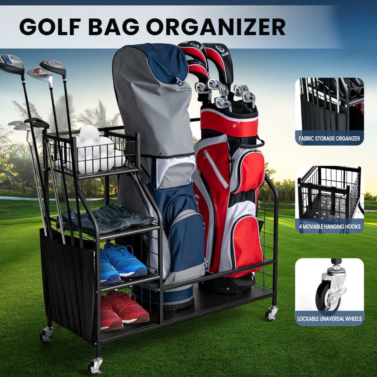 Golf Bag Storage Rack with Lockable Universal Wheels for Golfing Equipment