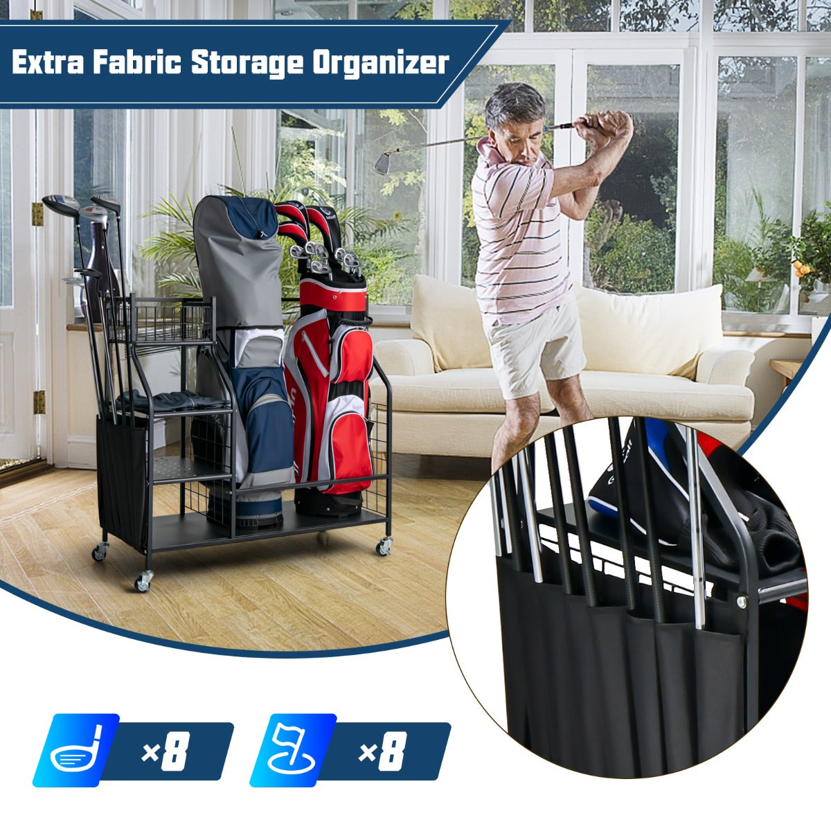 Golf Bag Storage Rack with Lockable Universal Wheels for Golfing Equipment