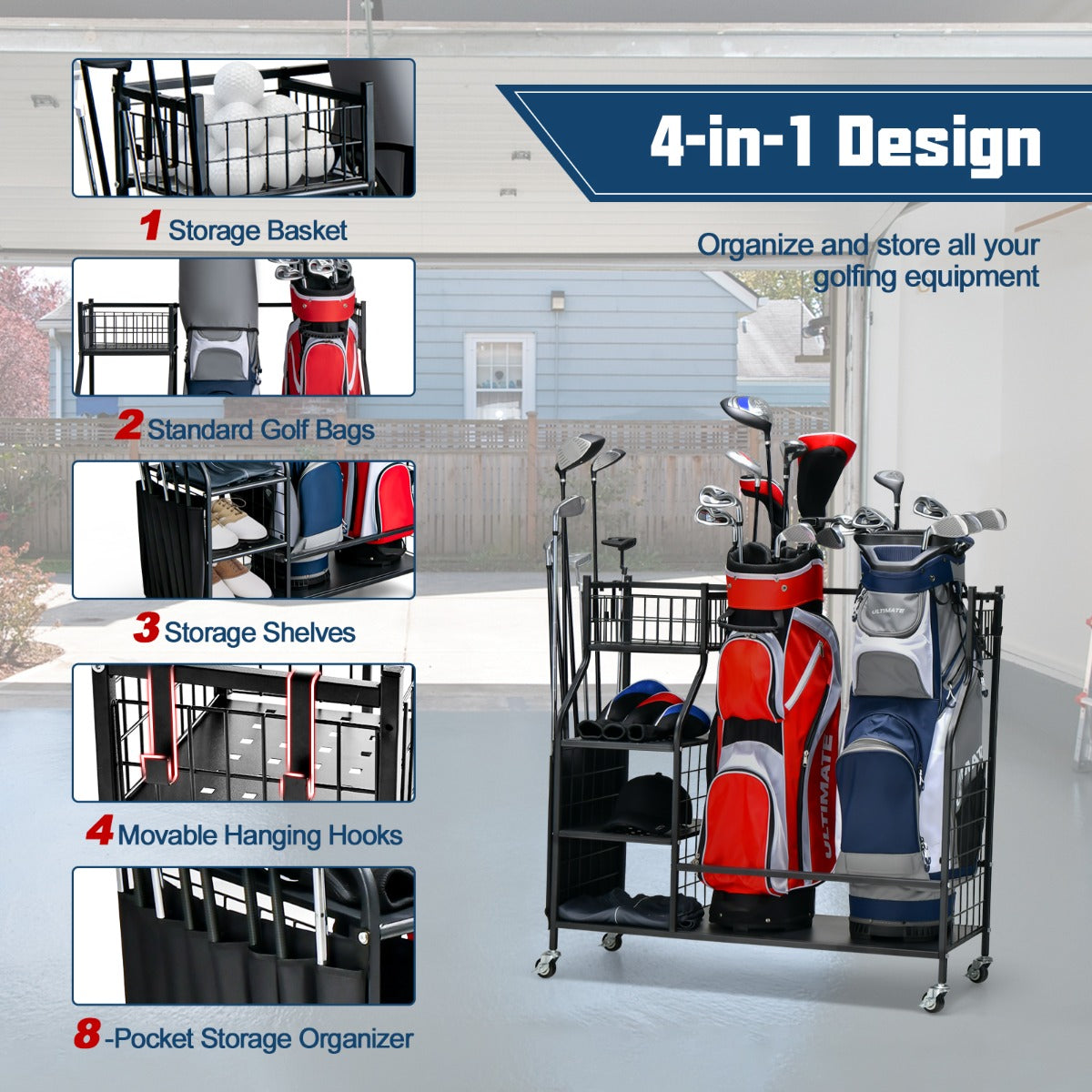 Golf Bag Storage Rack with Lockable Universal Wheels for Golfing Equipment