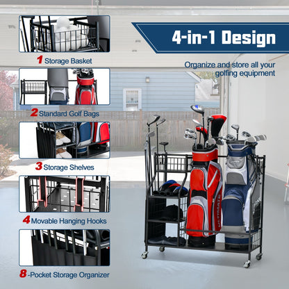 Golf Bag Storage Rack with Lockable Universal Wheels for Golfing Equipment