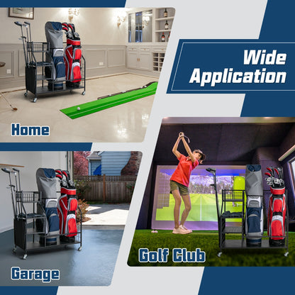 Golf Bag Storage Rack with Lockable Universal Wheels for Golfing Equipment