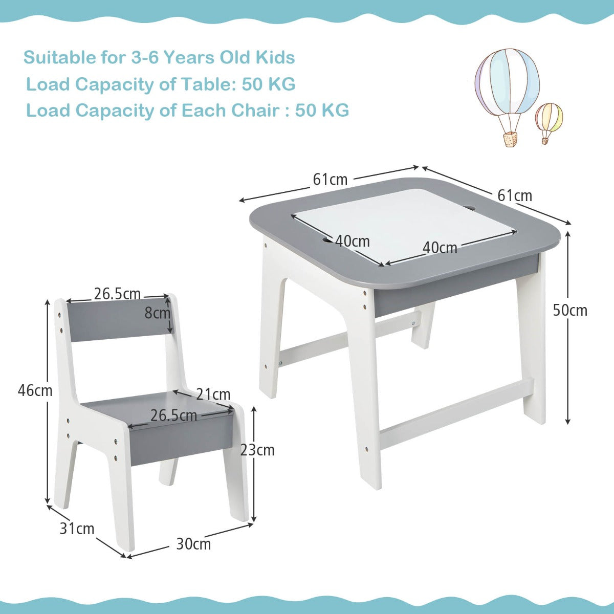 Kid's Table and Chairs Set with Double-sized Tabletop, Hidden Storage Space and 2 Chairs-Grey