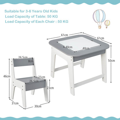 Kid's Table and Chairs Set with Double-sized Tabletop, Hidden Storage Space and 2 Chairs-Grey