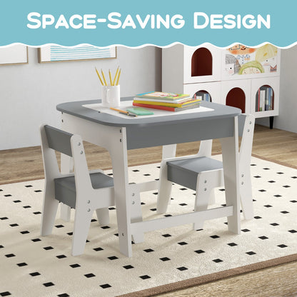 Kid's Table and Chairs Set with Double-sized Tabletop, Hidden Storage Space and 2 Chairs-Grey