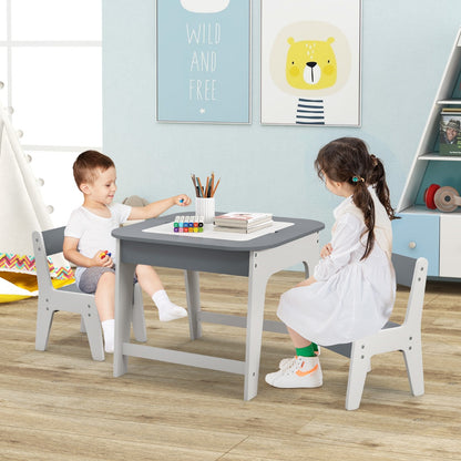 Kid's Table and Chairs Set with Double-sized Tabletop, Hidden Storage Space and 2 Chairs-Grey