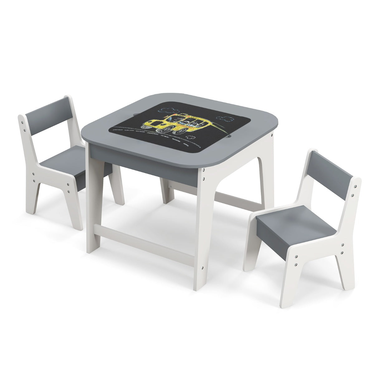 Kid's Table and Chairs Set with Double-sized Tabletop, Hidden Storage Space and 2 Chairs-Grey