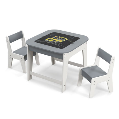 Kid's Table and Chairs Set with Double-sized Tabletop, Hidden Storage Space and 2 Chairs-Grey