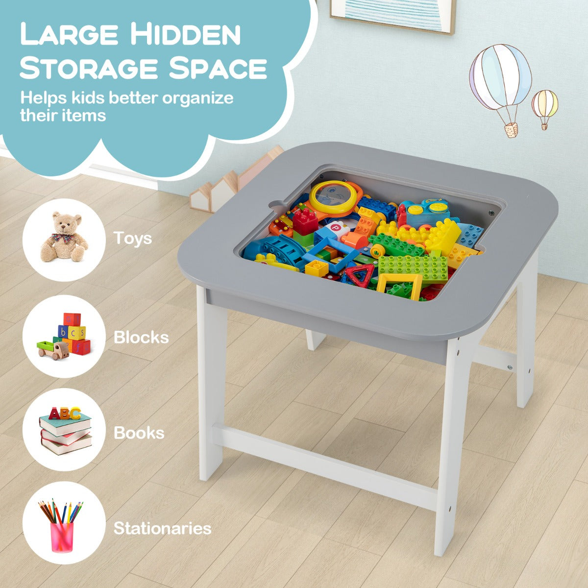 Kid's Table and Chairs Set with Double-sized Tabletop, Hidden Storage Space and 2 Chairs-Grey
