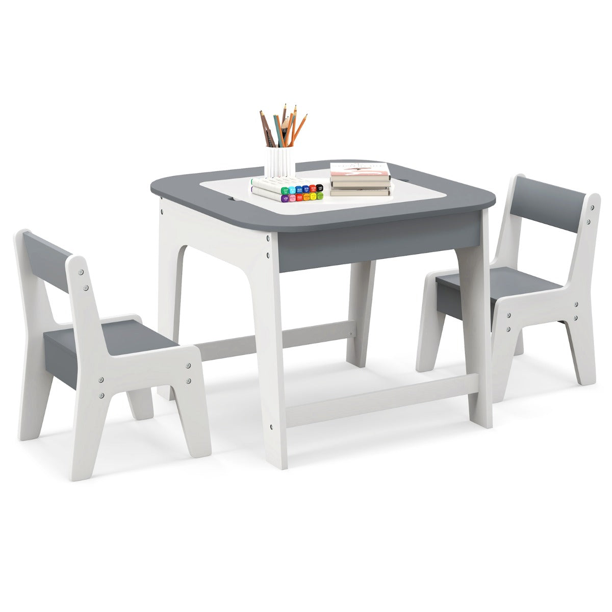 Kid's Table and Chairs Set with Double-sized Tabletop, Hidden Storage Space and 2 Chairs-Grey