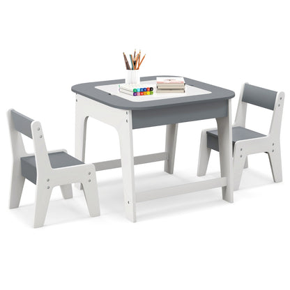 Kid's Table and Chairs Set with Double-sized Tabletop, Hidden Storage Space and 2 Chairs-Grey