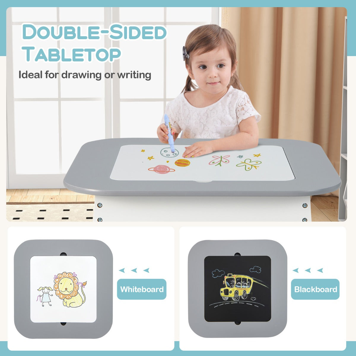 Kid's Table and Chairs Set with Double-sized Tabletop, Hidden Storage Space and 2 Chairs-Grey