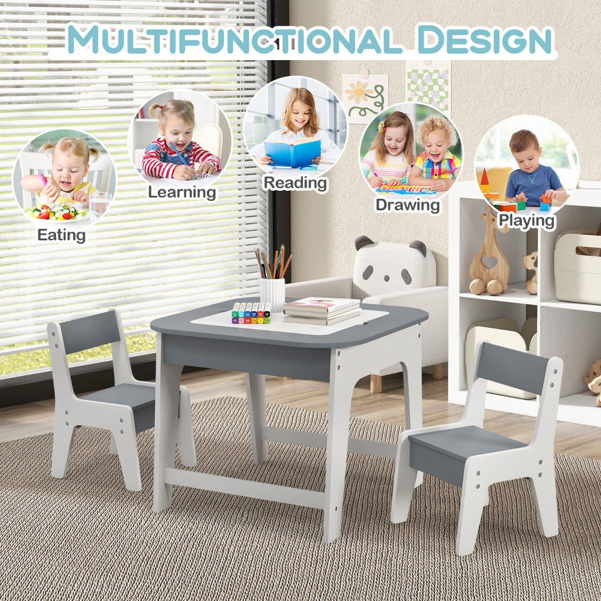 Kid's Table and Chairs Set with Double-sized Tabletop, Hidden Storage Space and 2 Chairs-Grey