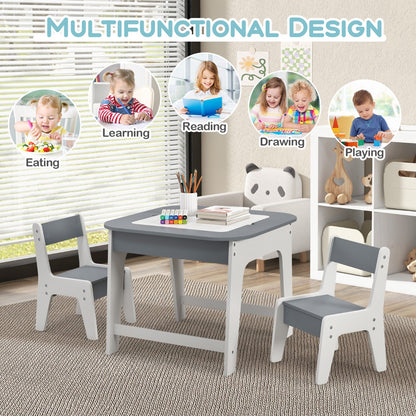 Kid's Table and Chairs Set with Double-sized Tabletop, Hidden Storage Space and 2 Chairs-Grey