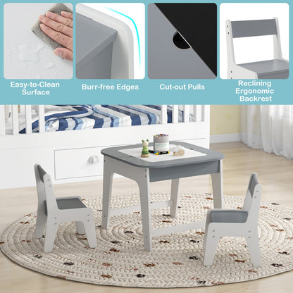 Kid's Table and Chairs Set with Double-sized Tabletop, Hidden Storage Space and 2 Chairs-Grey