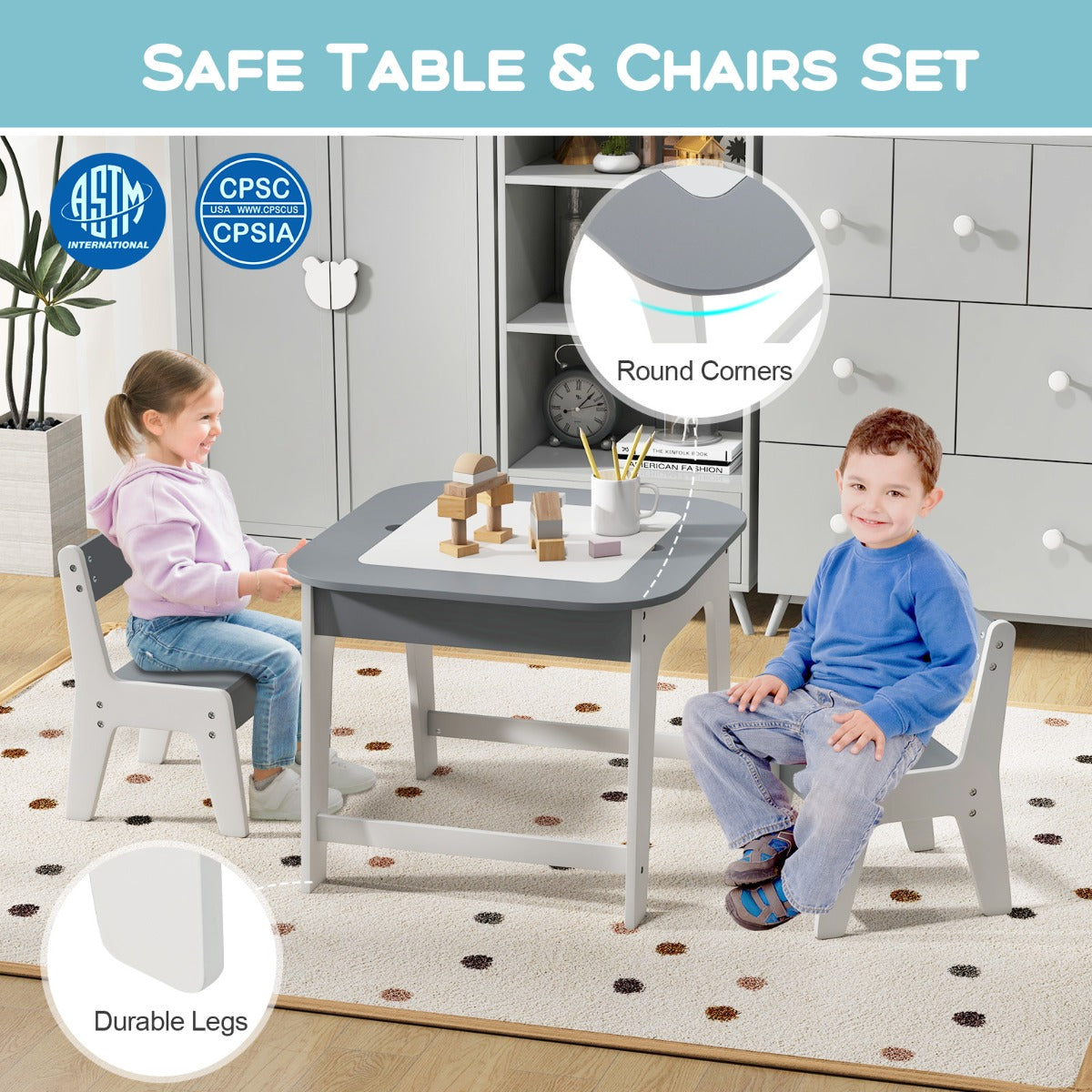 Kid's Table and Chairs Set with Double-sized Tabletop, Hidden Storage Space and 2 Chairs-Grey