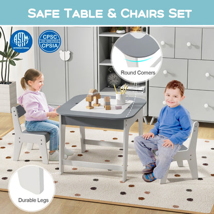 Kid's Table and Chairs Set with Double-sized Tabletop, Hidden Storage Space and 2 Chairs-Grey