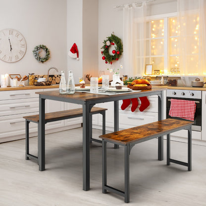 Space-saving Dining Table Set for 4 with 2 Benches for Kitchen-Brown
