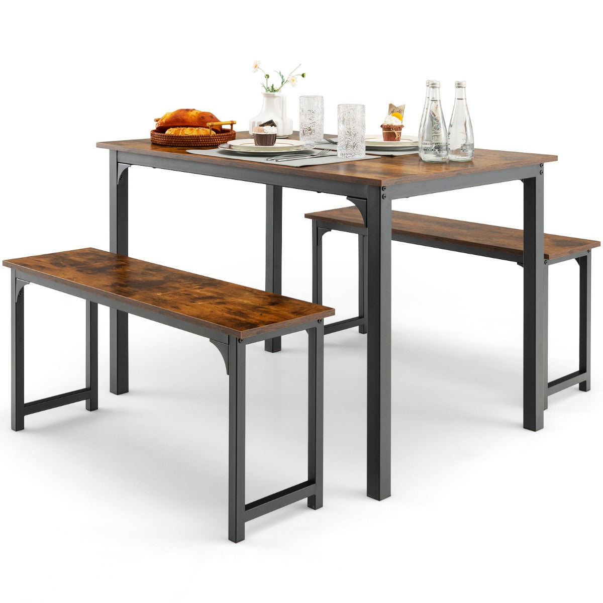 Space-saving Dining Table Set for 4 with 2 Benches for Kitchen-Brown