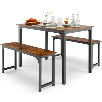 Space-saving Dining Table Set for 4 with 2 Benches for Kitchen-Brown