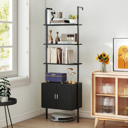 Tall Bookshelf 5 Tier Wall Mount Ladder Bookcase with Cabinet-Black