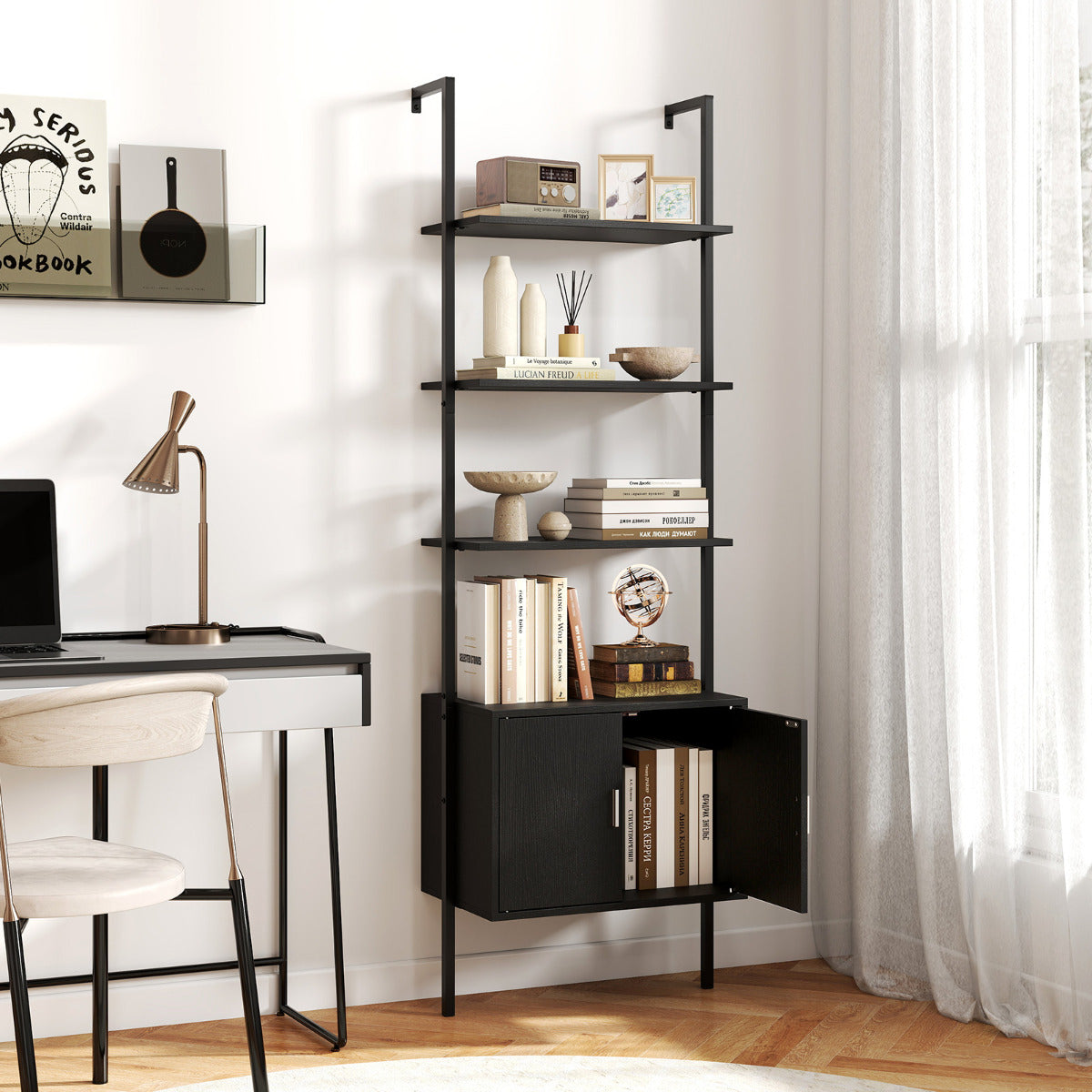 Tall Bookshelf 5 Tier Wall Mount Ladder Bookcase with Cabinet-Black