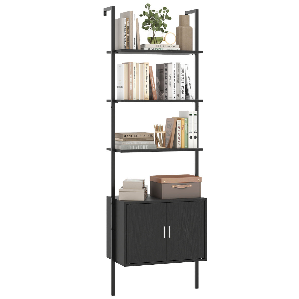 Tall Bookshelf 5 Tier Wall Mount Ladder Bookcase with Cabinet-Black