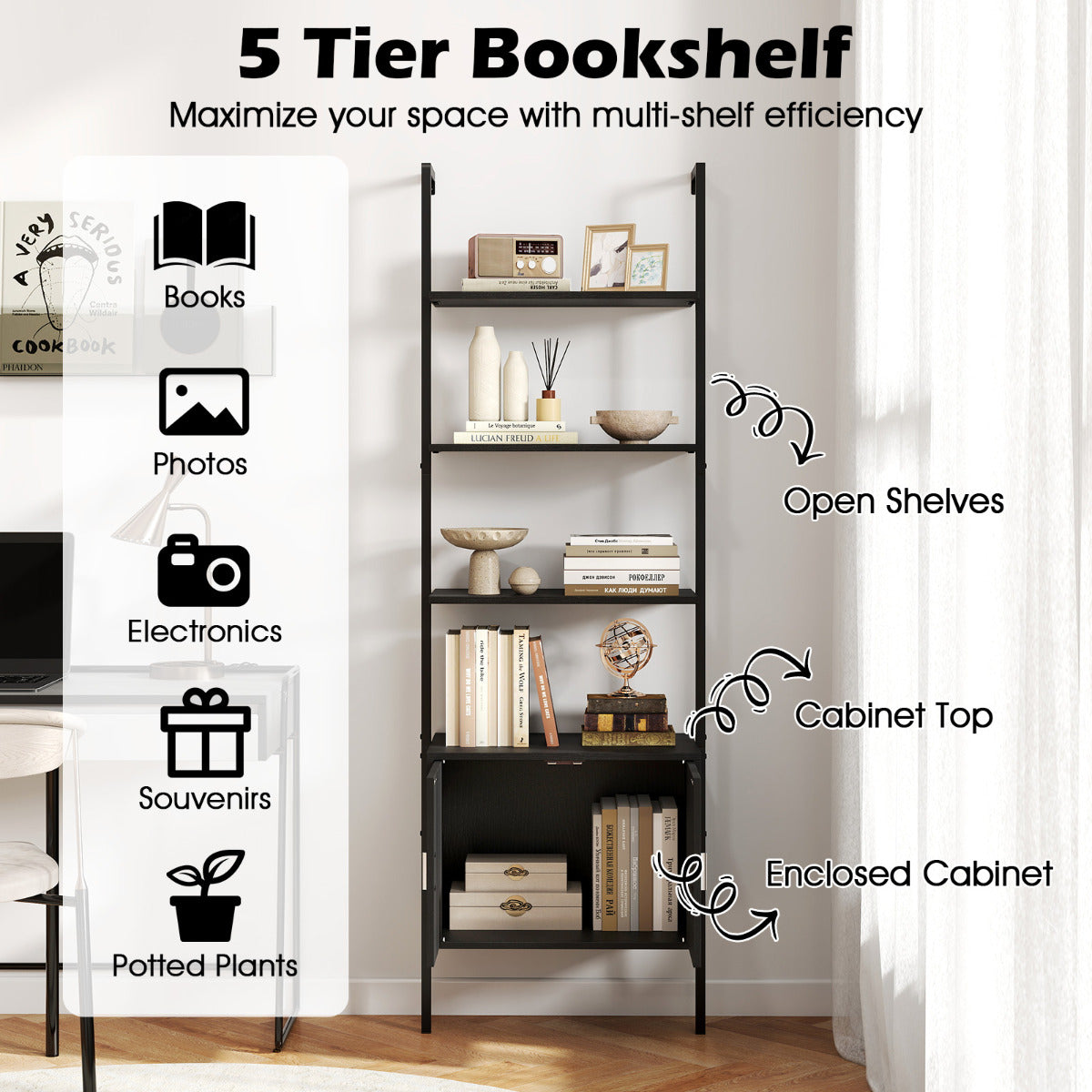 Tall Bookshelf 5 Tier Wall Mount Ladder Bookcase with Cabinet-Black