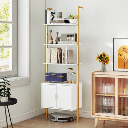 Tall Bookshelf 5 Tier Wall Mount Ladder Bookcase with Cabinet-White