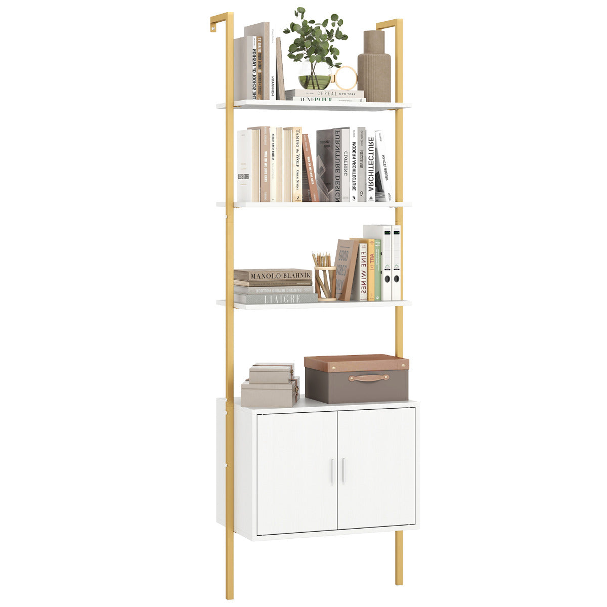 Tall Bookshelf 5 Tier Wall Mount Ladder Bookcase with Cabinet-White