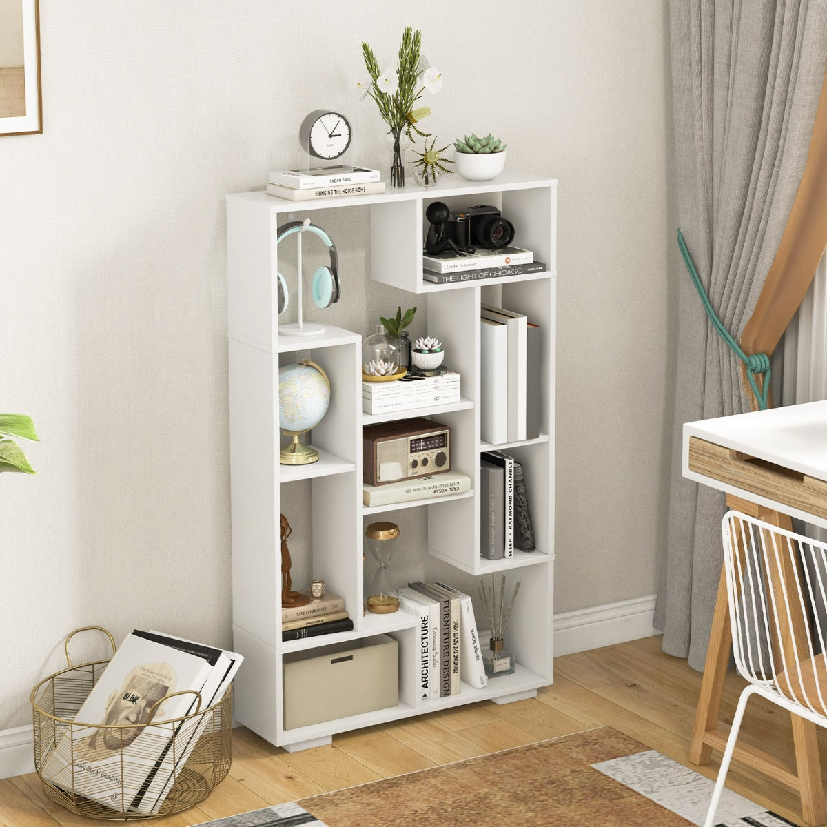 120cm Modern White Bookcase with Geometric Design and Open Shelves