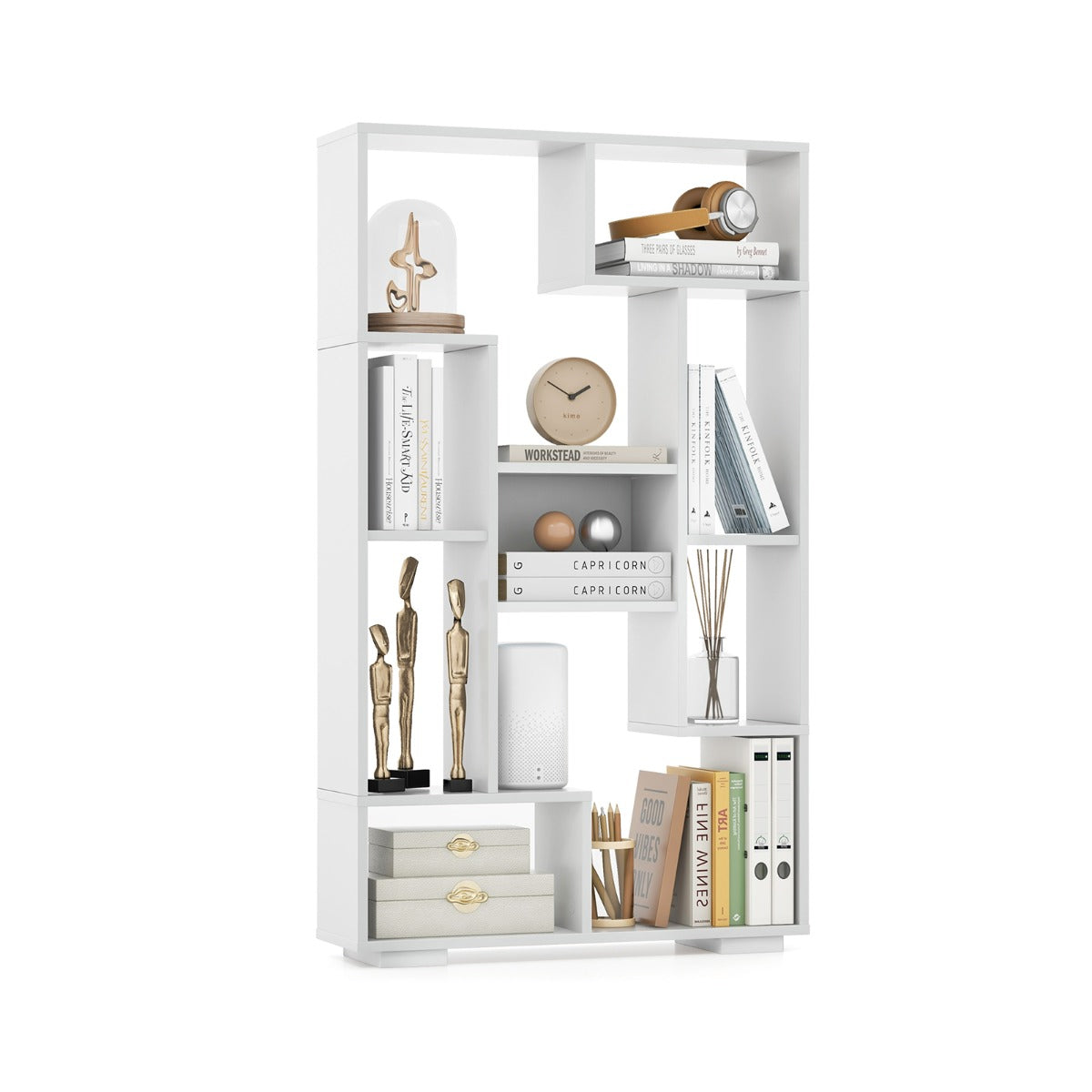 120cm Modern White Bookcase with Geometric Design and Open Shelves
