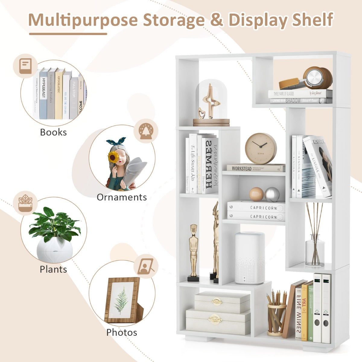 120cm Modern White Bookcase with Geometric Design and Open Shelves