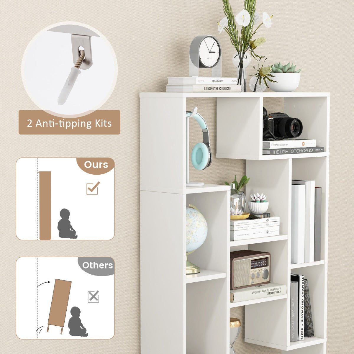 120cm Modern White Bookcase with Geometric Design and Open Shelves