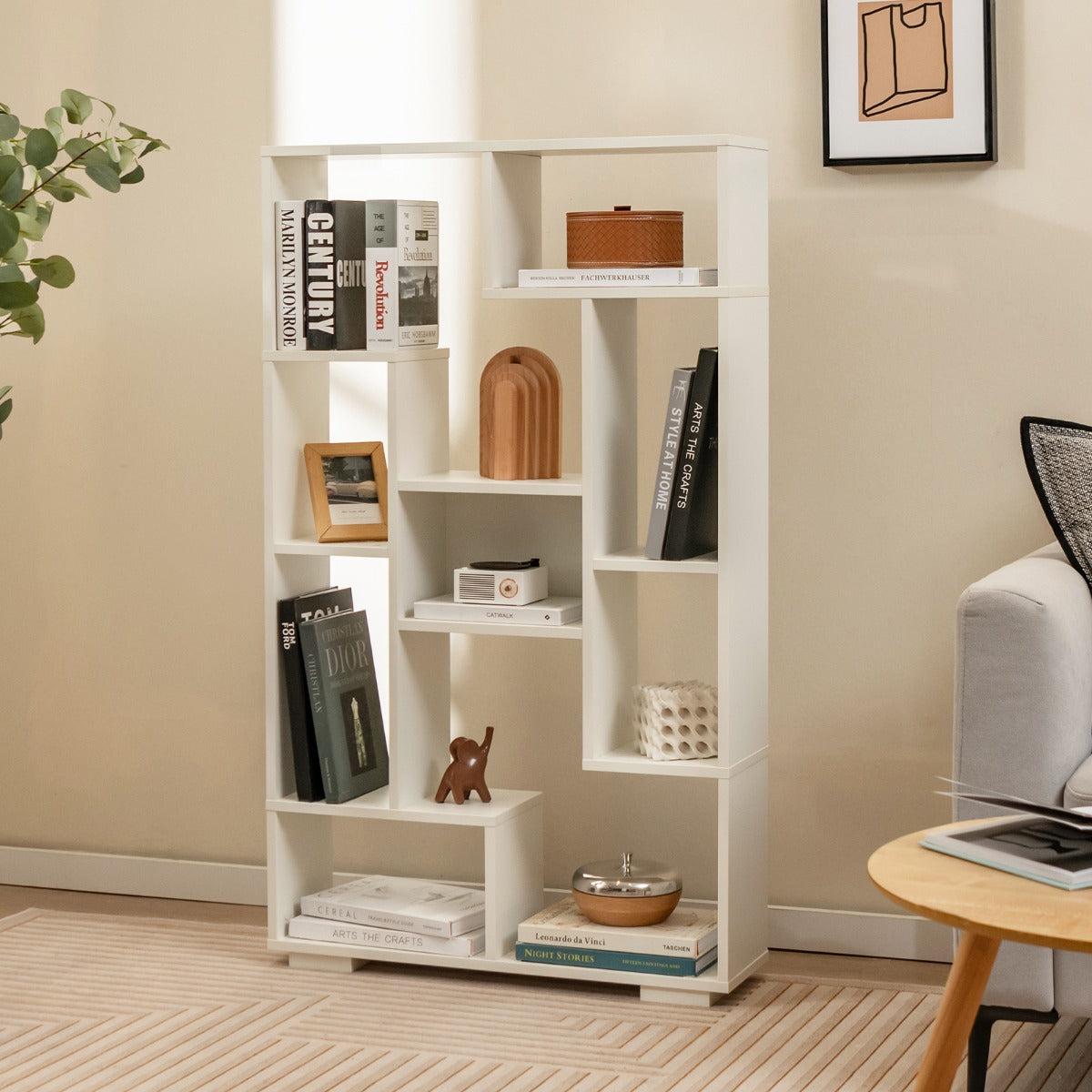 120cm Modern White Bookcase with Geometric Design and Open Shelves