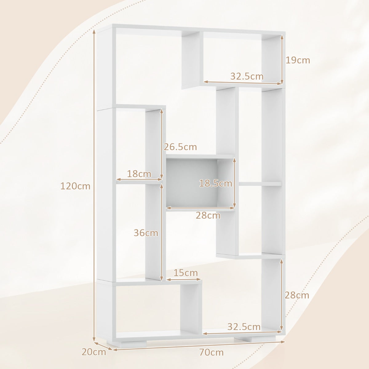 120cm Modern White Bookcase with Geometric Design and Open Shelves