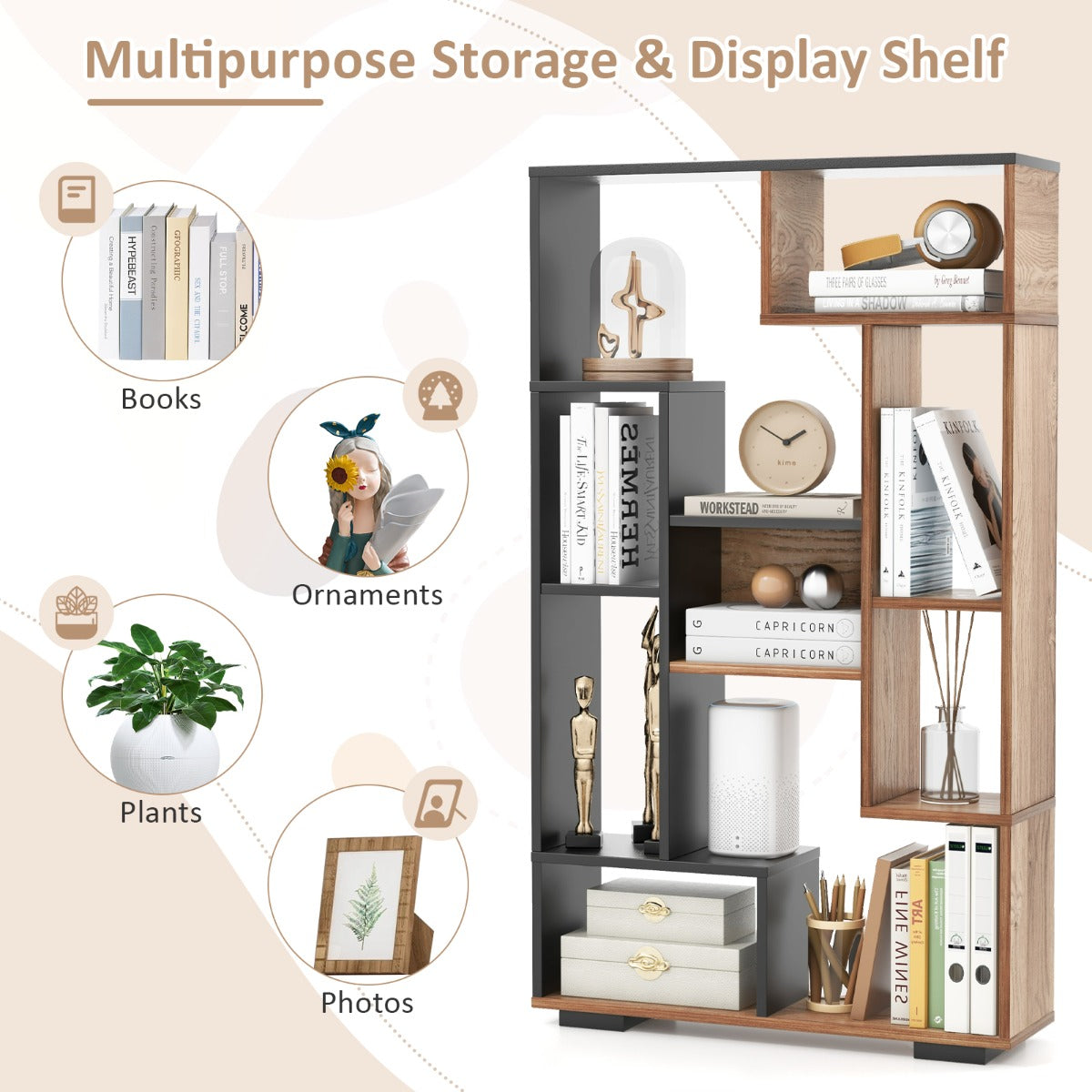 120cm Modern Geometric Bookcase with 11 Open Shelves and Anti-Tip Safety