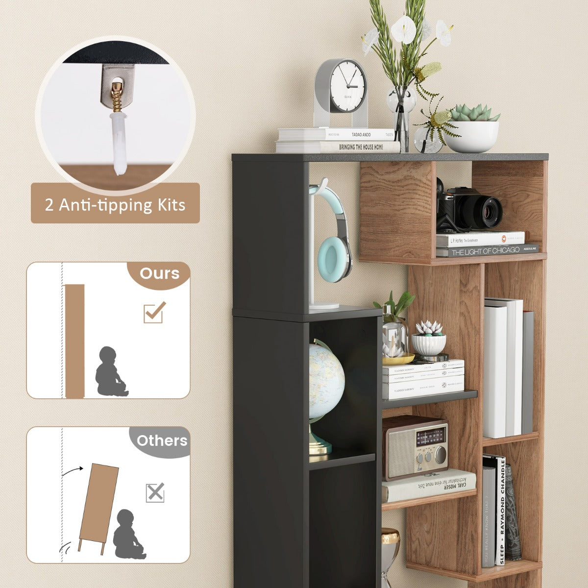 120cm Modern Geometric Bookcase with 11 Open Shelves and Anti-Tip Safety