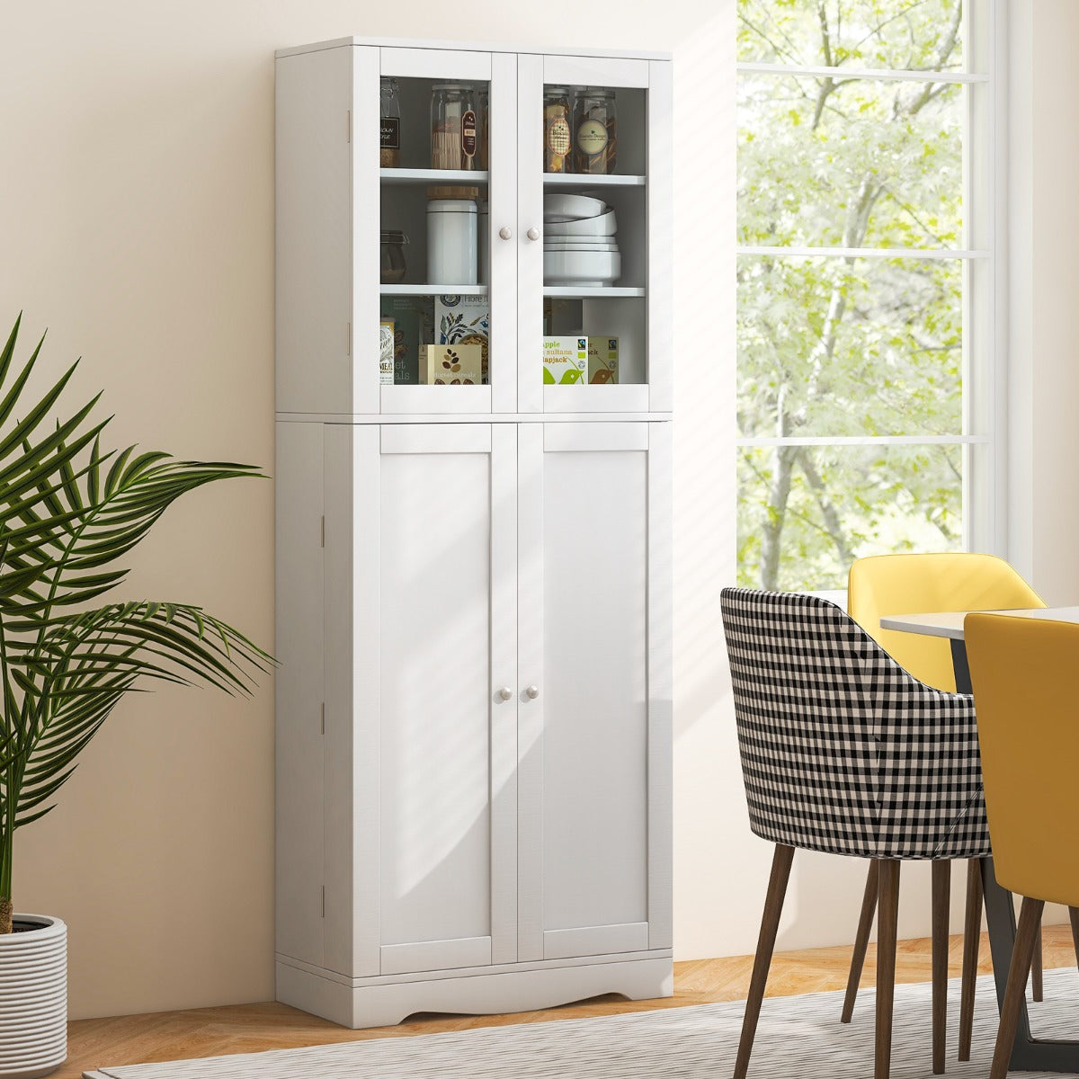 Tall Buffet Sideboard with Dual Tempered Glass Doors and Shelves-White