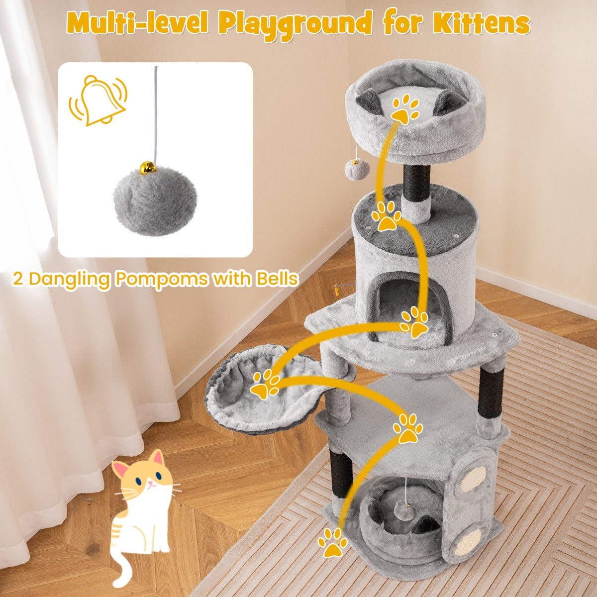 Tall Cat Tree with Sisal Scratching Posts and Board for Indoor Cats-Grey