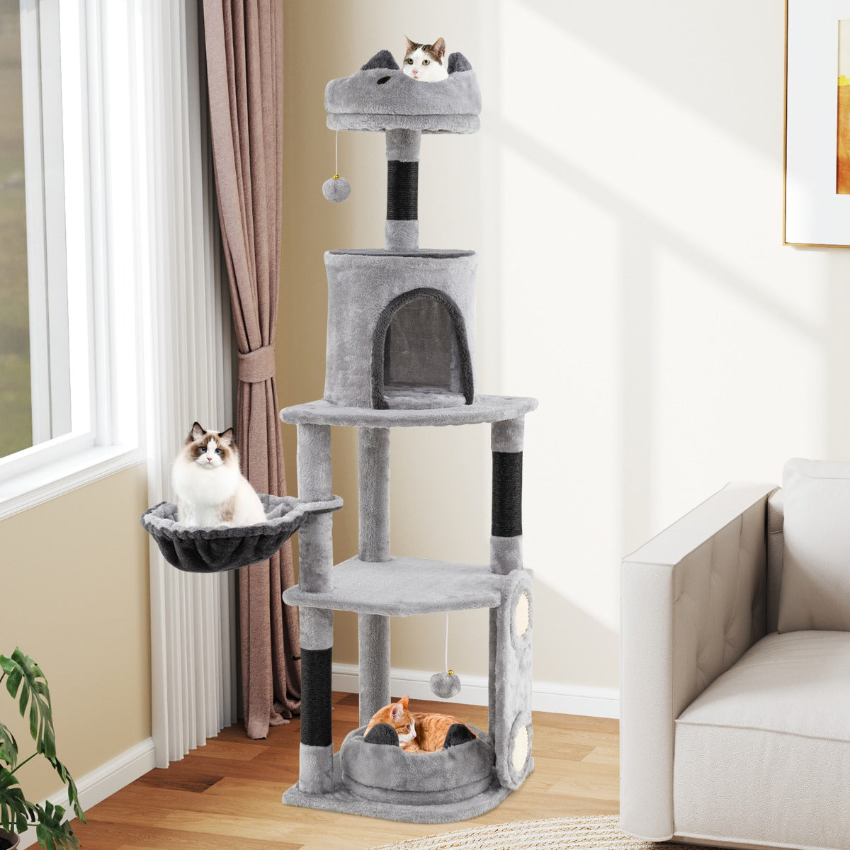 Tall Cat Tree with Sisal Scratching Posts and Board for Indoor Cats-Grey