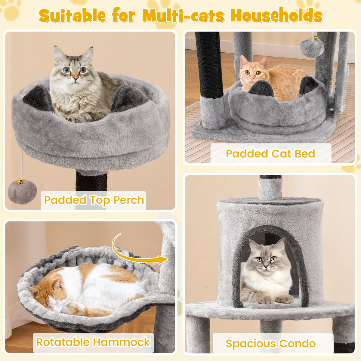 Tall Cat Tree with Sisal Scratching Posts and Board for Indoor Cats-Grey