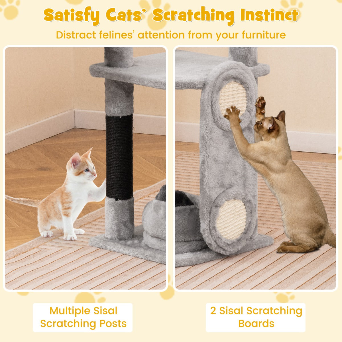 Tall Cat Tree with Sisal Scratching Posts and Board for Indoor Cats-Grey
