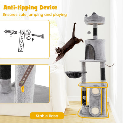 Tall Cat Tree with Sisal Scratching Posts and Board for Indoor Cats-Grey