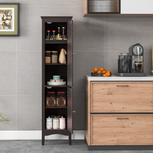 Costway Tall Narrow Bathroom Cabinet with 2 Shutter Doors and Adjustable Shelf-Brown