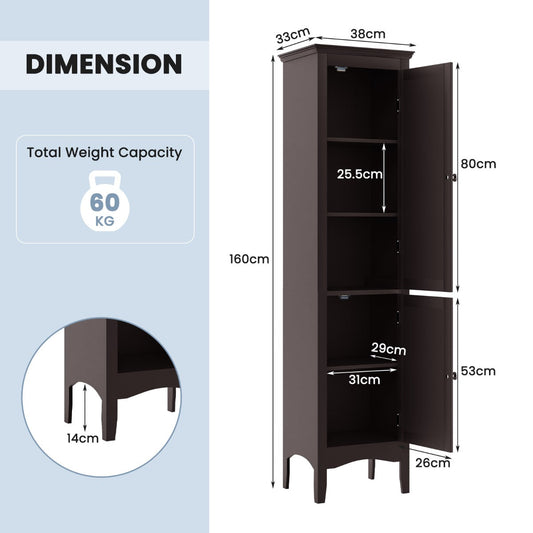 Tall narrow bathroom cabinet with hidden shelves keeps toiletries, towels and household essentials clean and organized
