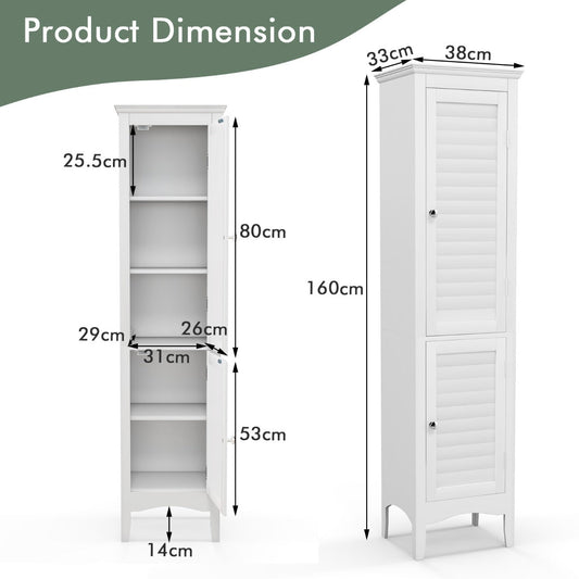 Tall narrow bathroom cabinet with hidden shelves keeps toiletries, towels and household essentials clean and organized