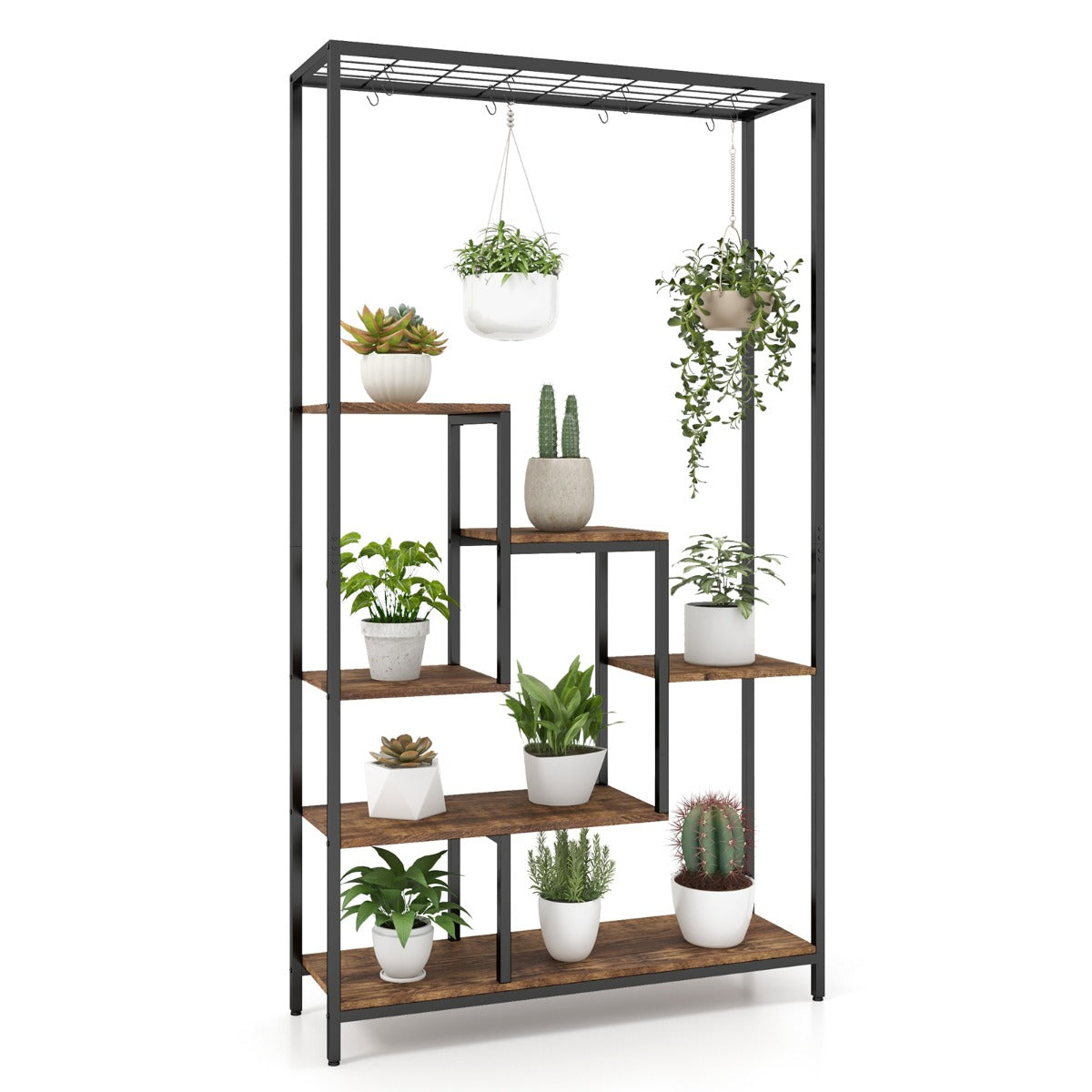 Costway 6-tier Tall Plant Stand with 10 Hanging Hooks and Wire Shelf for Multiple Plants-Brown