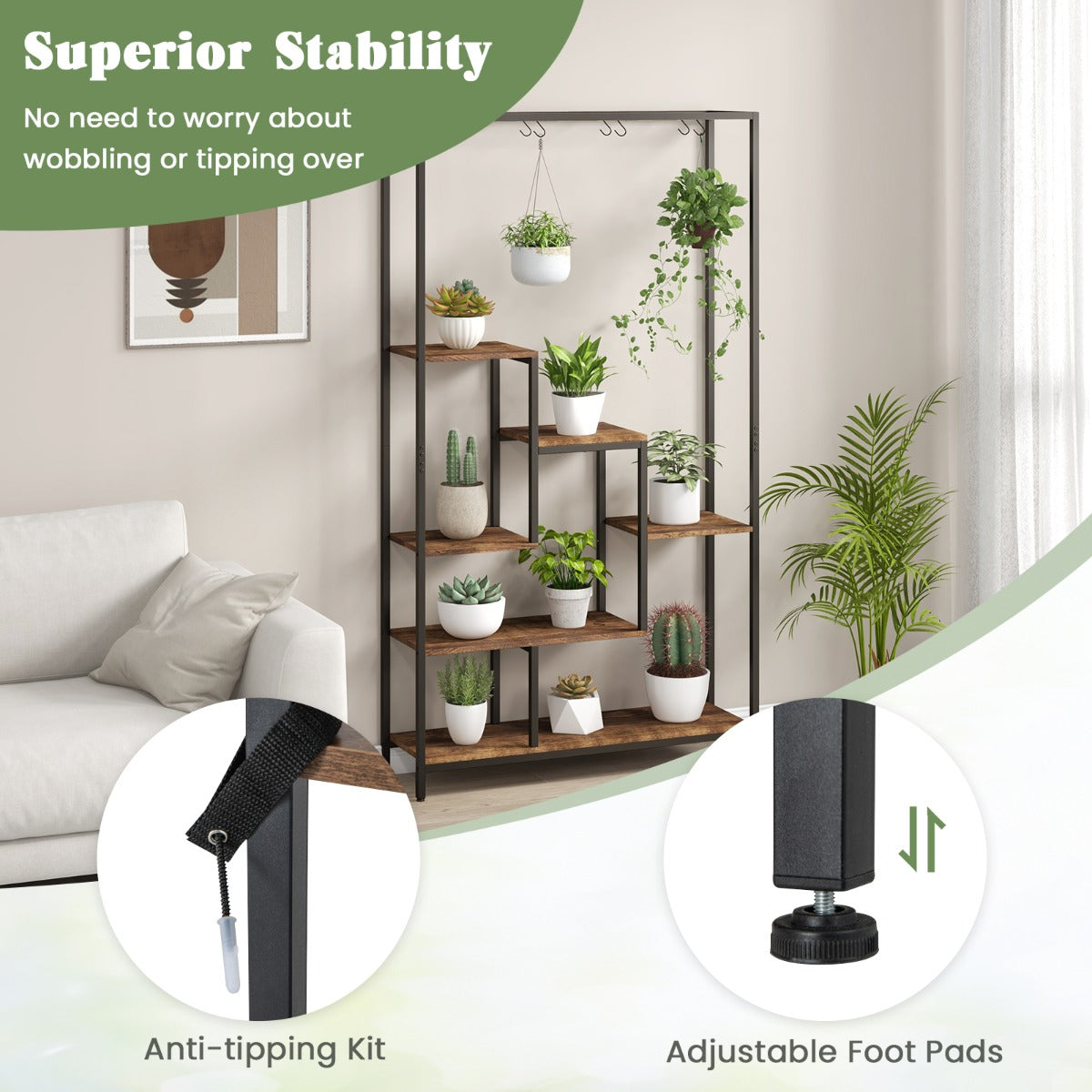 Costway 6-tier Tall Plant Stand with 10 Hanging Hooks and Wire Shelf for Multiple Plants-Brown
