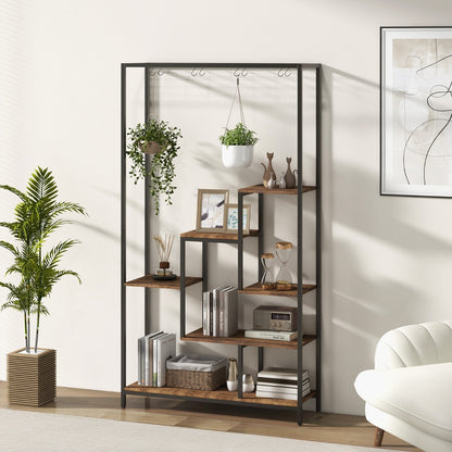 Costway 6-tier Tall Plant Stand with 10 Hanging Hooks and Wire Shelf for Multiple Plants-Brown