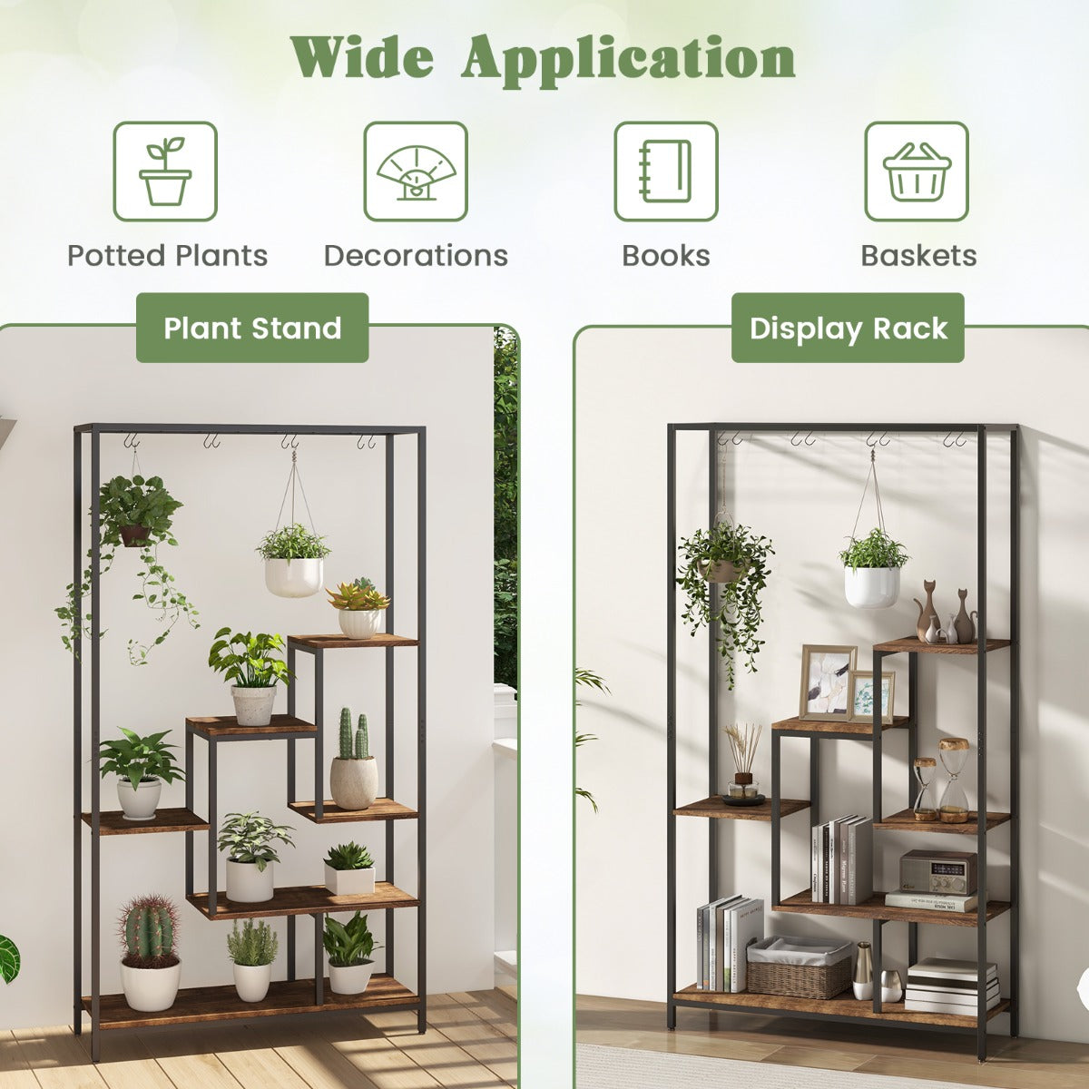 Anti-tipping wall device helps prevent the tall plant display rack from falling over